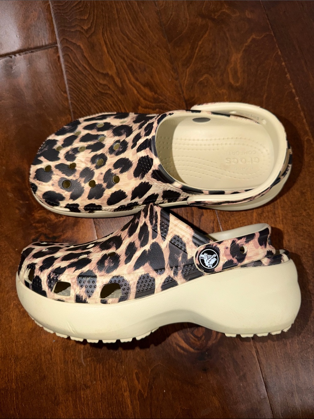 CROCS Leopard Print Platform Clogs in Beige and Black